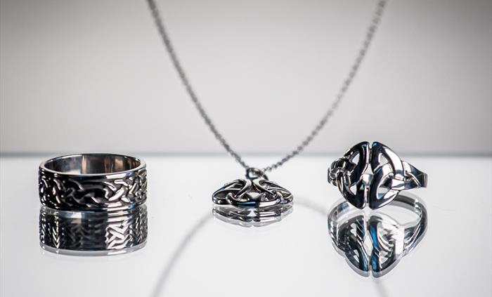 Celtic and contemporary jewellery hand crafted by Agau Jewellery Studio at Corris Craft Centre.